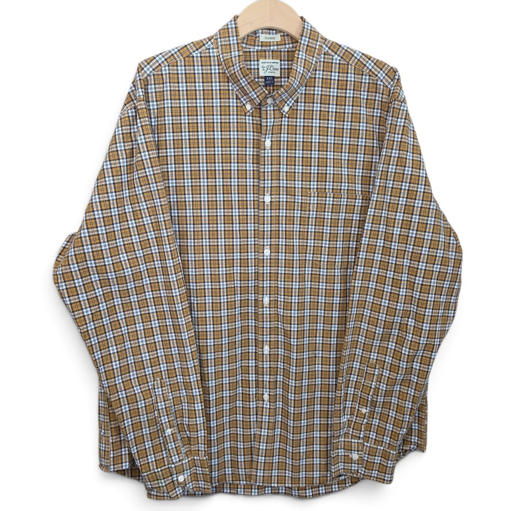 J Crew Shirt Mens XXL Button Down Classic Fit Stretch Plaid Yellow Blue Preppy